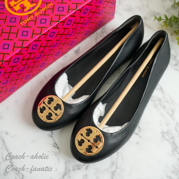 NIB Tory Burch Signature Logo Classic Chelsea Ballet Flat in Black/Gold - Picture 4 of 9
